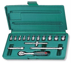 Набор головок торцевых 1/4"DR 4-14 мм., с аксессуарами, 15 предметов - фото 44950