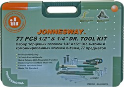 Универсальный набор торцевых головок 1/4"DR 4-13 мм и 1/2"DR 12-32 мм, комбинированных ключей 8-19 мм и отверток, 77 предметов - фото 45220