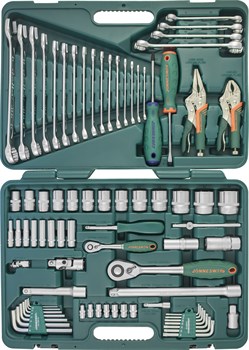 Универсальный набор торцевых головок 1/4"DR 5-12 мм и 1/2"DR 12-32 мм, отверток, комбинированных ключей 6-24 мм, разрезных ключей 8-19 мм и угловых ключей, 78 предметов - фото 45242